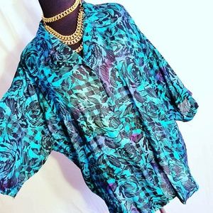 Vintage Blue Print Blouse Size 1X